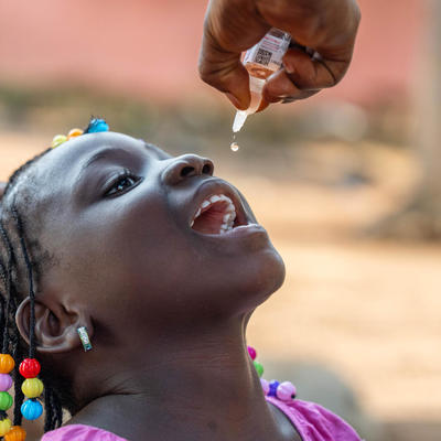 On 29 October 2023, Matina, 4, receives her vaccine against polio in Nzerekore, Guinea.