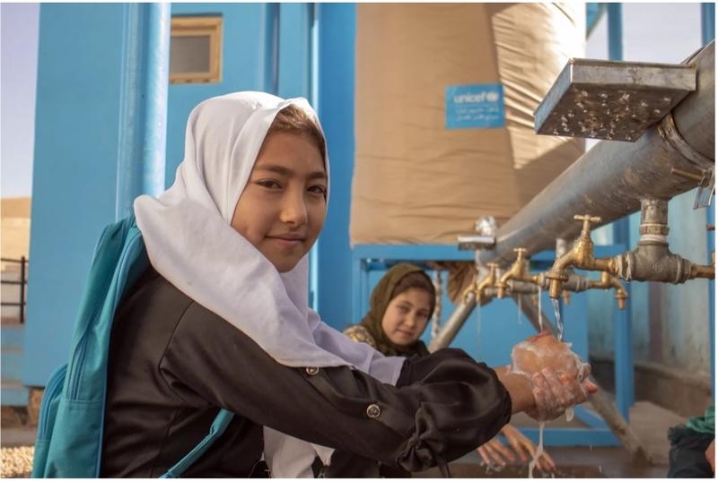 Young girls practice handwashing, showcasing how improved WASH practices foster healthier futures for Afghan children. Photo: UNICEF/Afghanistan/Khayyam