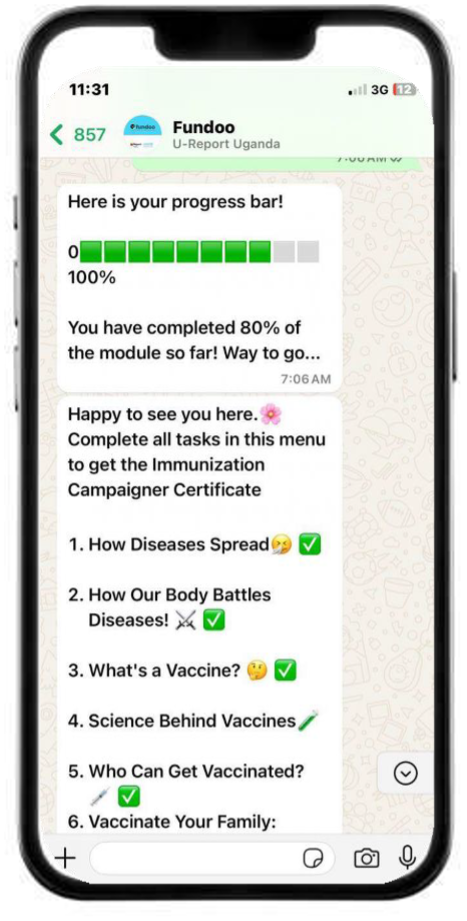Screenshots of a subscriber trying to complete a module on Immunisation