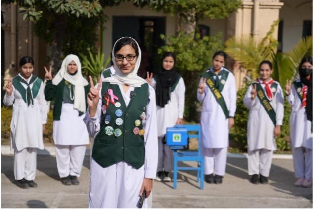 Rawalpindi: Young Areeba Sajid poses during a polio eradication awareness session among her peers. Photo by Shahzad Mahmood. 